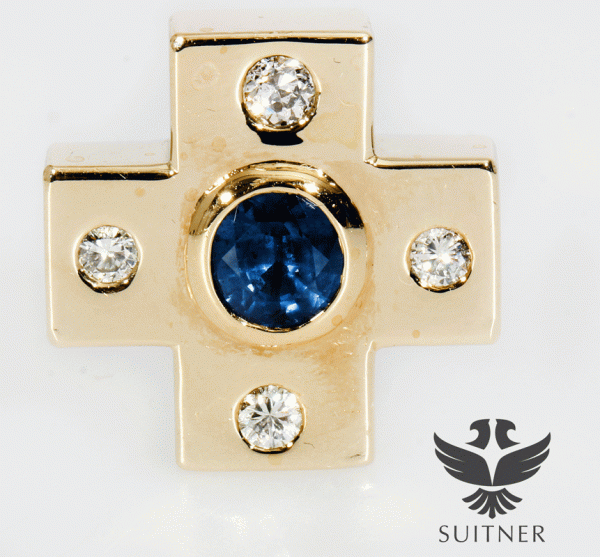 Unikat 1,52ct. Saphir Kreuz Anhänger als Gleiter mit Brillanten 585 Gold Kornblumen Blau