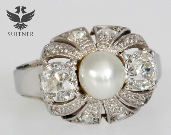 Art Deco 2,00ct. Diamant Ring mit Perle aus 750 Weißgold Gr. 58