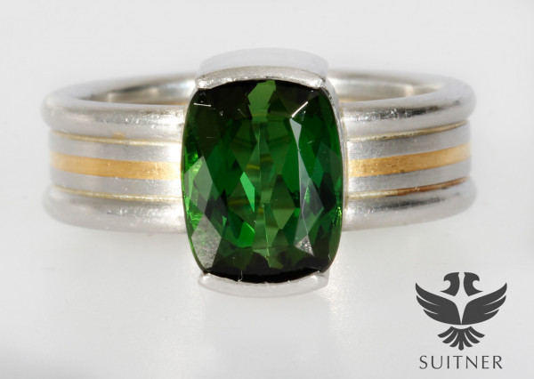 Unikat 5,00ct. Ring aus 950 Platin apfelgrüner Peridot 750 Gold Einlage