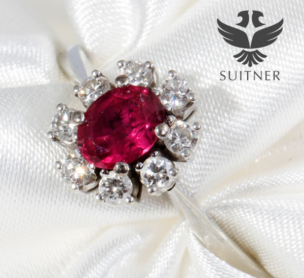 klassischer feiner Rubin Diamant Ring aus 750 Weißgold Gr. 52 Taubenblut Rot