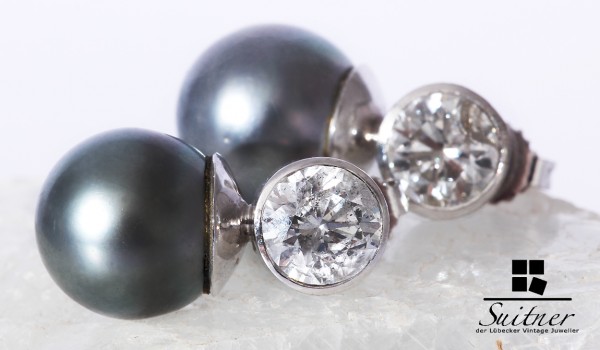 Ohrstecker Perlen Brillanten der 585 3,60ct. Luxus Juwelier 12mm Tahiti - Dennis Lübecker XL Archiv Juwelier | Solitär Vintage Suitner | Weißgold
