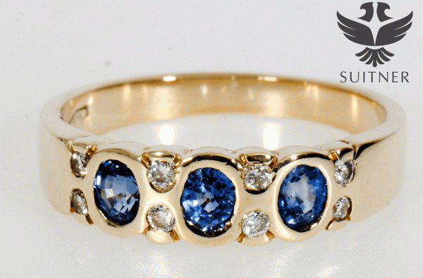 moderner Saphir Bandring mit Brillanten aus 585 Gold Gr. 56 Kornblumen Blau