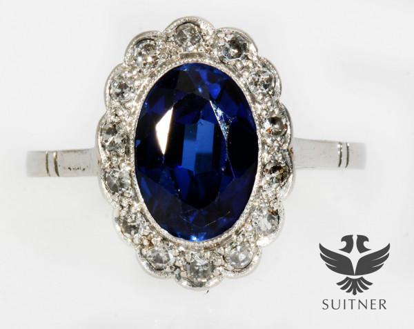 Art Deco royaler Saphir Ring aus Platin Diamanten Ring Blau Gr. 57 Handarbeit