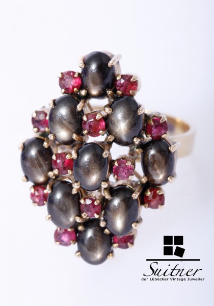 wertvoller Ring mit schwarzen Sternsaphire Rubinen 750 Gold Gr. 56 Stern