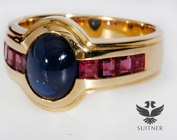 wertvoller 4,03ct. Bandring mit Saphir und Rubin aus 750 Gold Gr. 55 Unikat Luxus