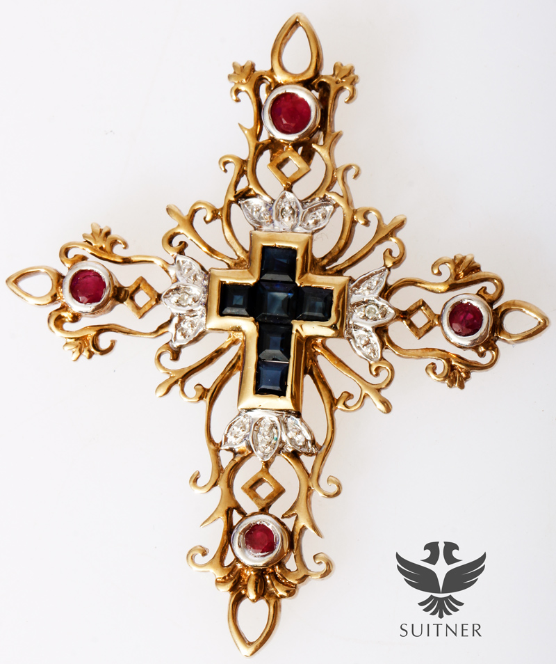 großer Kreuz Anhänger mit Saphir Rubin Diamant Besatz XL aus Gold 5cm Unikat