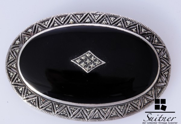 prächtige große Onyx Silber Brosche mit Markasit Design oval