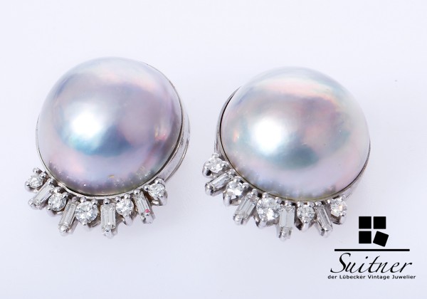 XL Mabe Perlen Clips mit Brillanten Diamanten 750 Weißgold NP 6500,-