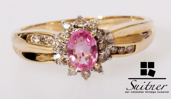 Pinker Saphir Ring mit Brillanten 585 Gold Gr. 56 Klassiker Entourage