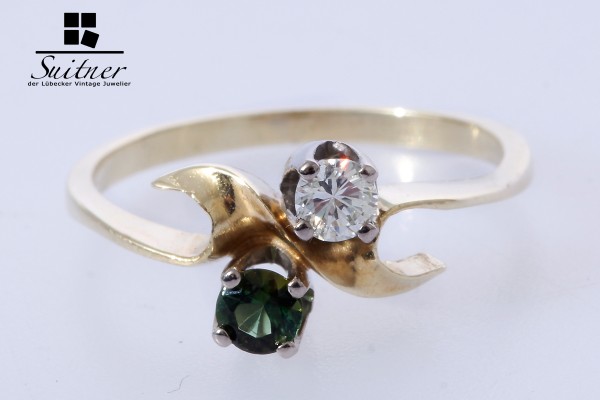 feiner Turmalin Brillant Ring aus 585 Gold Gr. 52 im Jugendstil Art Nouveau