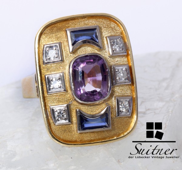 Imposanter Art Deco Edelstein Diamant Ring Saphir Amethyst 750 Gold Gr. 54