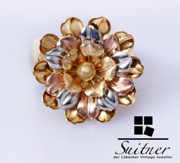 extravaganter XL Blumen Ring aus Gold Größe 56 Rotgold Weißgold