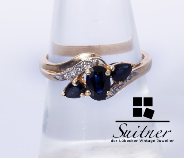 Saphir Ring mit Brillanten aus 585 Gold Gr. 54 feine Fertigung tief Blau
