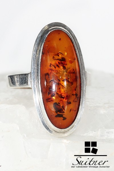 großer Bernstein Ring aus Silber im Stile des Art Deco - Amber Silver, Juwelier Archiv