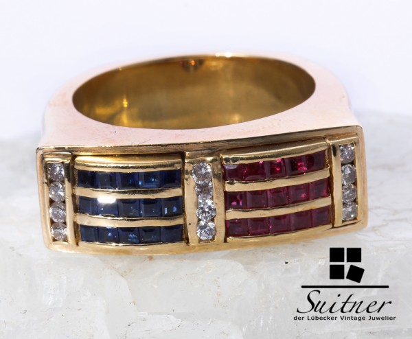wertvoller Art Deco Ring Brillant Saphir Rubin 750 Gold Gr. 61 XL massiv