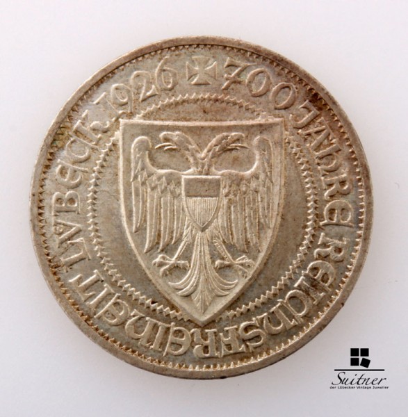 3 Reichsmark Lübeck 1926 A mind. SS Mark Hansestadt selten