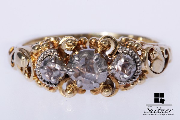 antiker Jugendstil Ring mit 3 Diamant Rosen 585 Gold Gr. 53