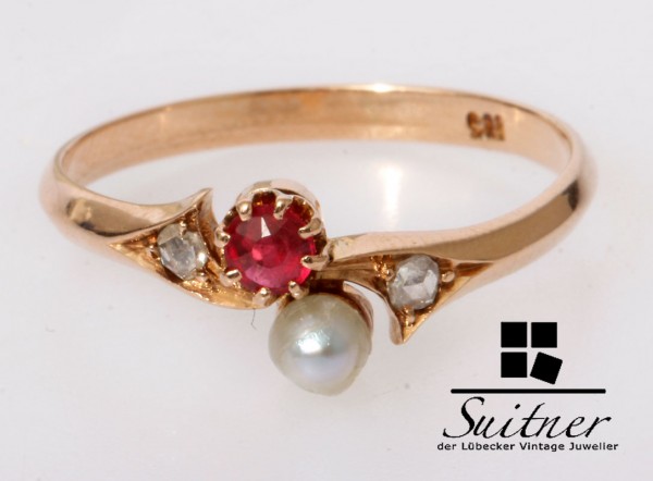 Jugendstil Ring Saatperle Rubin Diamant 585 Roségold Gr.55