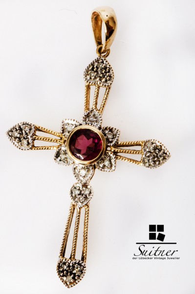 modernes Kreuz mit Diamanten und pinken Turmalin - Juwelen Kreuz 585 Gold
