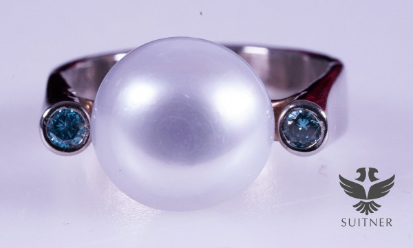 wertvoller Perlen Ring mit blauen Brillanten 585 Weißgold Gr. 59 Unikat Blue Fancy