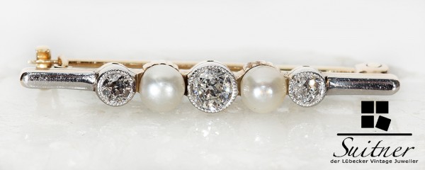 wertvolle antike Diamanten Perlen Stab Brosche aus 585 Gold - selten