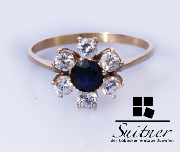 zierlicher Ring Saphir Ring mit Steinbesatz 585 Gold Größe 58 wie Brillanten